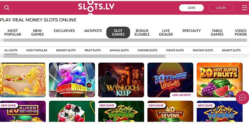 Slots.lv desktop casino lobby screenshot