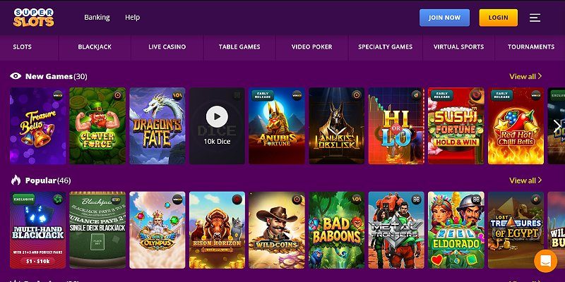 Super Slots desktop casino lobby screenshot